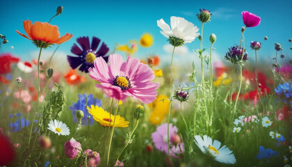 Colorful flower meadow in spring. Generative AI,