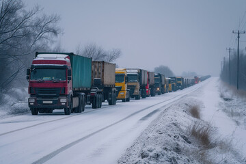 Long convoy of trucks driving through snowy road at night, transportation logistics in winter conditions concept