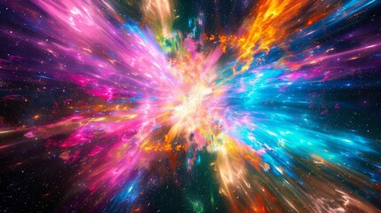 An abstract representation of a supernova explosion, a dazzling burst of colorful lights against the cosmic void.