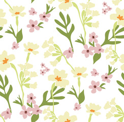 Vector floral pattern in doodle style. Spring bloom seamless pattern. Contemporary spring florals design.