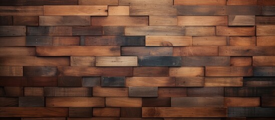 A closeup of a brown hardwood brick wall made of rectangular wooden blocks, featuring intricate brickwork and wood stain. The flooring is a beautiful display of building materials