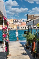 Chania old town port from a small alley on a beautiful summer day, Crete, Greece