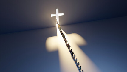 People Walking Towards a Huge Cross Passage - conceptual religious 3d illustration - obrazy, fototapety, plakaty