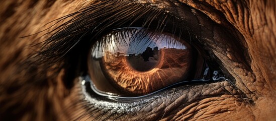 A closeup of a brown horses eye showing its eyelash, iris, and reflection of a person, highlighting the connection between terrestrial animals and humans - obrazy, fototapety, plakaty
