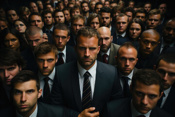Intense and focused group of five business executives in black attire, staring with determination and severity, conveying a powerful sense of leadership and ambition. - obrazy, fototapety, plakaty