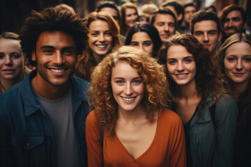 A diverse group of friends standing together outdoors, smiling, and making eye contact with the camera on a sunny day, conveying positivity and friendship - obrazy, fototapety, plakaty