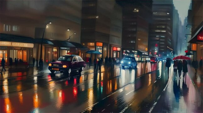 Busy commuters navigate a brightly lit subway station in a time-lapse blur, car traffic