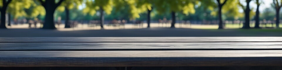 Realistic illustration simple wooden table top on blurred background of midsummer park. Scene for banner header design, website, product advertisement, space for text.