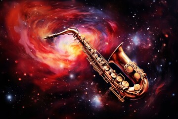 Fototapeta na wymiar Cosmic Saxophone galaxy. Brass musical instrument on a dark background. Generate AI
