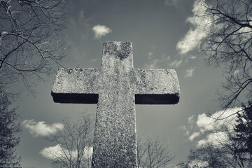 Old Stone Cross - Grave - Graveyard - Scary - Cemetery - Halloween - Mysterious - Tombstones -...