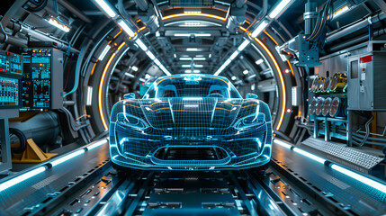 Holographic car model is displayed inside a futuristic design laboratory with advanced technical equipment. - obrazy, fototapety, plakaty