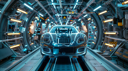 Fototapeta premium Holographic projection of a sports car in a futuristic design facility with high-tech machinery and digital displays.