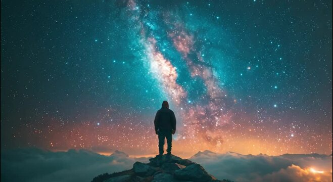 a man standing on a mountain peak on a clear night footage