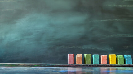 A row of colorful chalk pieces on the ledge of a blackboard, ready for the day's lessons in a creative arts class, University - obrazy, fototapety, plakaty