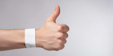 Closeup of male hand showing thumbs up, okey hand sign on a white background