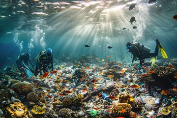 Scuba diver explores vibrant coral reef in the clear blue waters of the Red Sea, surrounded by colorful fish and marine life	 - obrazy, fototapety, plakaty