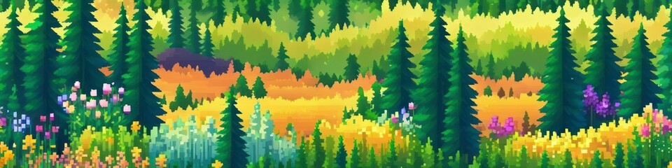 Abstract midsummer pixel illustration forest in green and orange colors. Background for design, place for text.