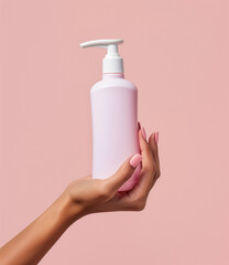 cosmetic mockup, A hand holding up an elegant white bottle of pink colored face cream