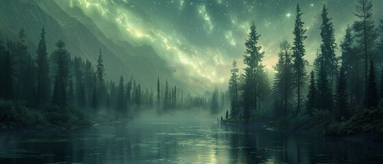 Dark forest by a river, northern lights overhead, mystic nature scenesuper detailed , ultra HD