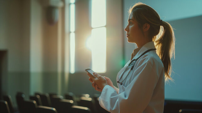 Engrossed in a seminar presentation, a female doctor uses her smartphone to take photos of the slides for later review, the ambient light from the projector screen illuminating her