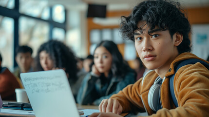 An over-the-shoulder view of a notebook and laptop in front of a student, capturing the focused expressions of multi-ethnic classmates in the background, all engaged in the lecture