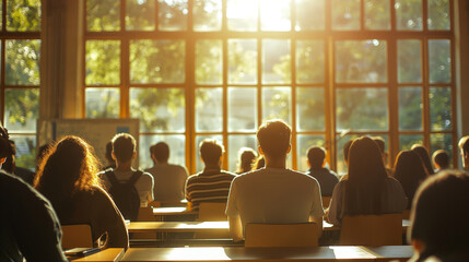 A wide shot of a diverse group of students attentively listening to a lecturer at the front of the classroom, bathed in the glow of natural light streaming through large windows, c - obrazy, fototapety, plakaty