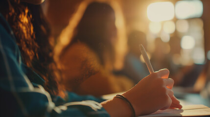 A close-up on the hands of a student taking notes, with the lecturer speaking in the softly lit background, highlighting the diversity and concentration in the classroom, natural l - obrazy, fototapety, plakaty