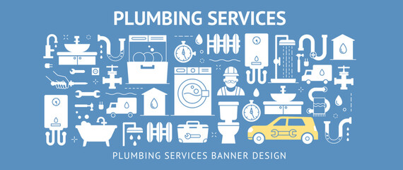 Fototapeta na wymiar Plumbing Services Banner. Home repair. House maintenance. Flyer, booklet, leaflet print design with linear illustrations
