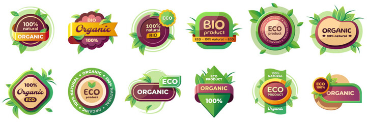 Eco label and bio sticker, natural, organic tag set icon - obrazy, fototapety, plakaty