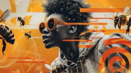 Futuristic african woman with bees concept art: stylized digital art of an african woman with sunglasses surrounded by bees in a surreal orange scene