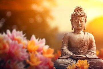 Buddha statue. background blurred flowers and sky with the light of the sun and copy space - generative ai