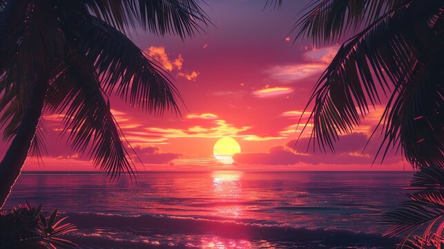 A vibrant beach sunset with hues of orange and pink reflecting off the water's surface. Silhouettes of palm trees frame the scene, adding a touch of tropical beauty to the serene coastal setting.