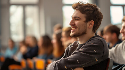 Fototapeta premium A male student leaning back in his chair, a smile on his face as he appreciates a well-made point by the lecturer, the classroom bathed in soft natural light that reflects the posi