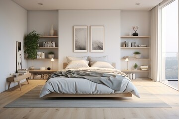 Cozy Scandinavian bedroom furniture room. Decor rug. Generate AI