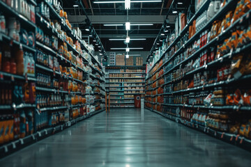 A grocery store aisle filled with a variety of products neatly organized on shelves, showcasing abundance and choice