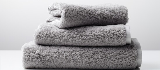 Fototapeta na wymiar A stack of three grey towels in monochrome photography is elegantly displayed on a table, showcasing a minimalist art gesture of soft linens