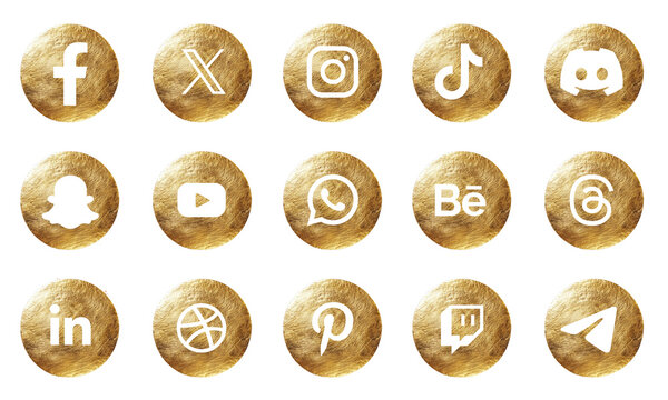 Cute gold foil social media icons isolated on transparent background
