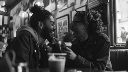 Happy man and woman are seated at a table in a restaurant, engaged in conversation and enjoying a meal together