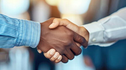Two individuals engaging in a handshake, demonstrating mutual agreement or greeting each other in a business or social setting - obrazy, fototapety, plakaty