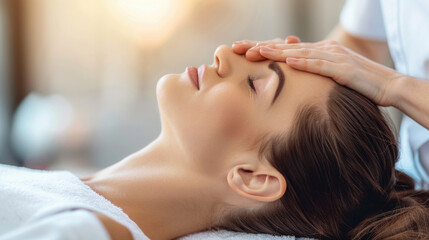 Charming woman enjoying a head massage at a luxurious spa, with a professional therapist applying gentle pressure to relax tense muscles and promote relaxation - obrazy, fototapety, plakaty