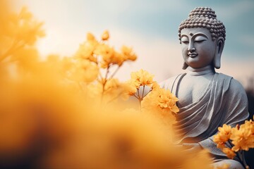 Buddha statue. background blurred flowers and sky with the light of the sun and copy space - generative ai