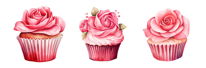 Set of Rose cupcake watercolor style isolate on PNG transparent background - obrazy, fototapety, plakaty