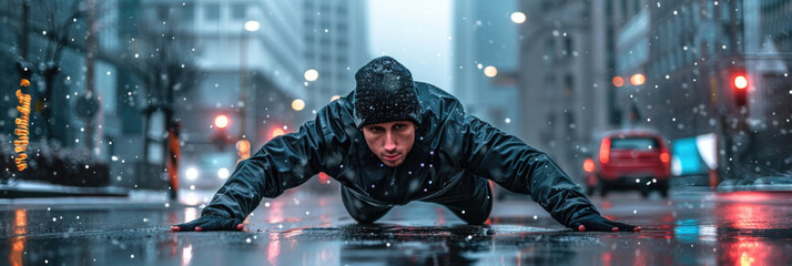 A man is performing push-ups in a rainy environment, showcasing determination and physical exercise despite the weather conditions - obrazy, fototapety, plakaty