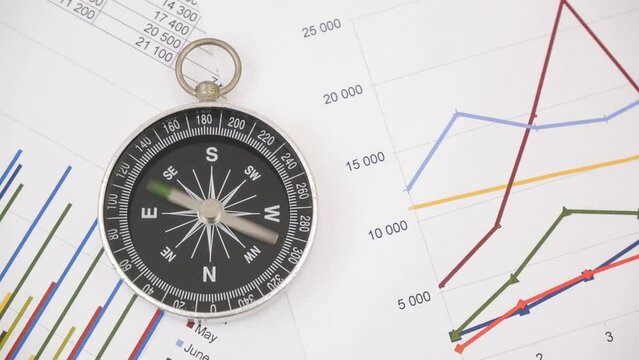 Round compass with rotating pointer on financial charts and graphs.	