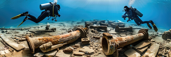 A group of scuba divers explore a sunken wreck in the deep ocean, surrounded by marine life and remnants of the ship