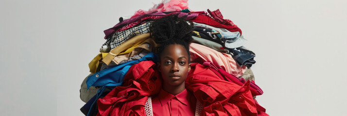 African American woman carrying a heavy load, balancing a towering pile of clothes on her head