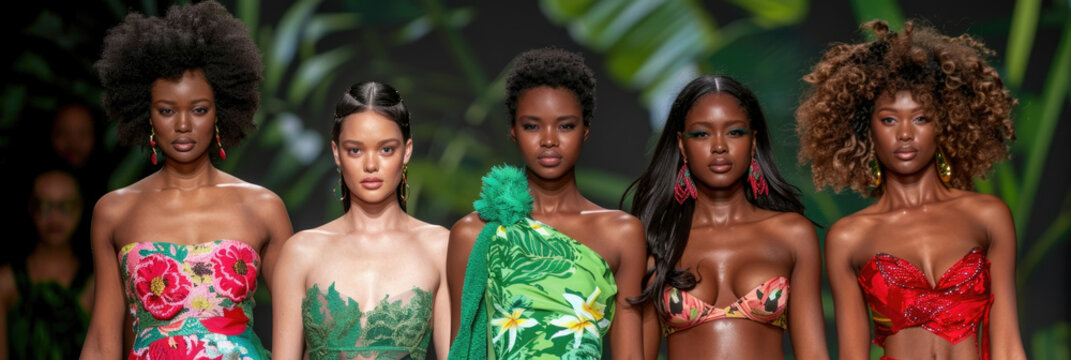 A group of women standing next to each other on a runway, preparing for a fashion show or photoshoot