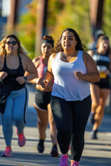Obraz premium Several overweight women in athletic clothing are sprinting down a busy city street, displaying determination and focus