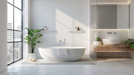 Fototapeta na wymiar A stylish, modern and minimalist bathroom, with a rounded bathtub, natural light.