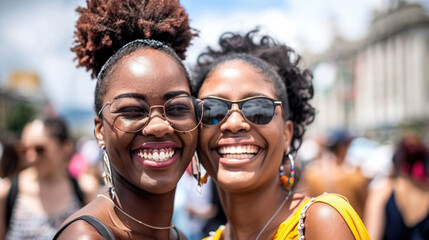 Two African american women standing side by side, smiling happily and posing for a picture - obrazy, fototapety, plakaty